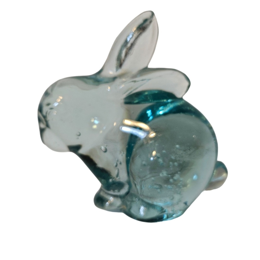 Vintage Murano Style Art Glass Bunny Rabbit Bullicante Clear Aqua Figurine MCM